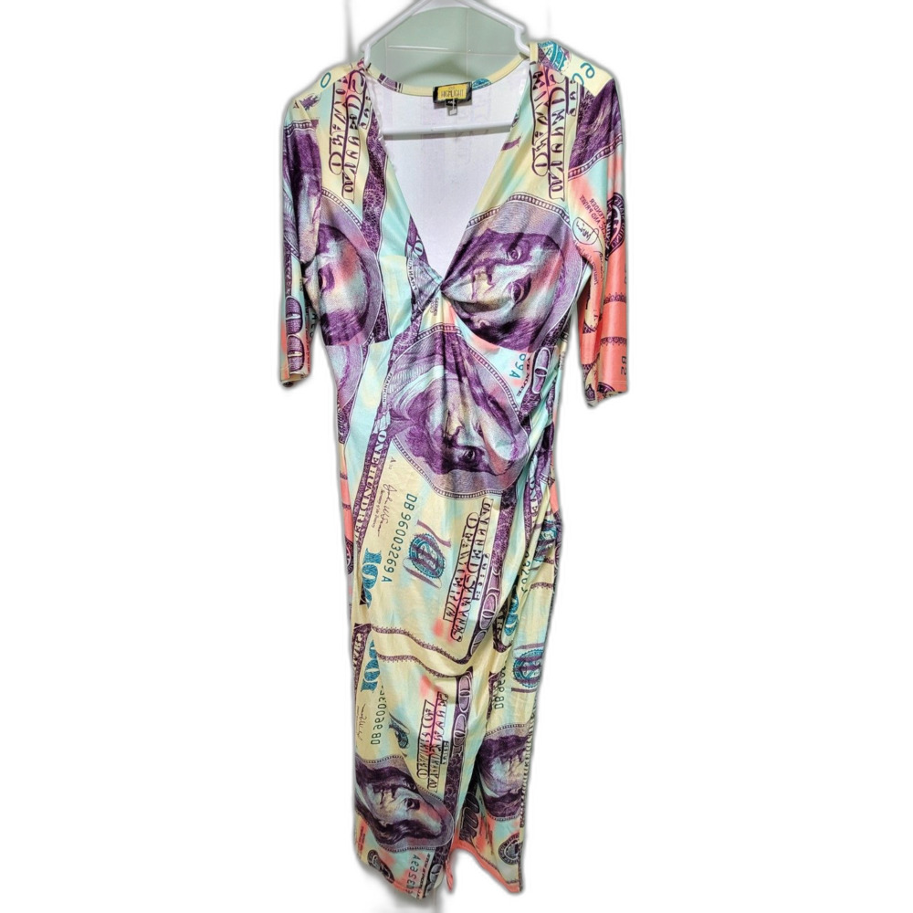 Highlight Custom Money Print Midi Dress V-Neck Long Sleeve  Size 2X